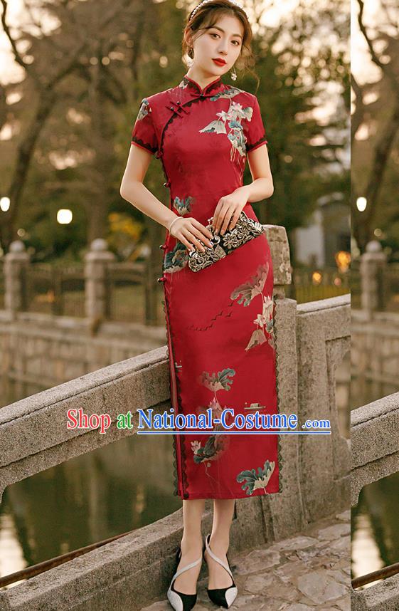 Republic of China National Short Sleeve Cheongsam Traditional Young Lady Printing Lotus Red Qipao Dress