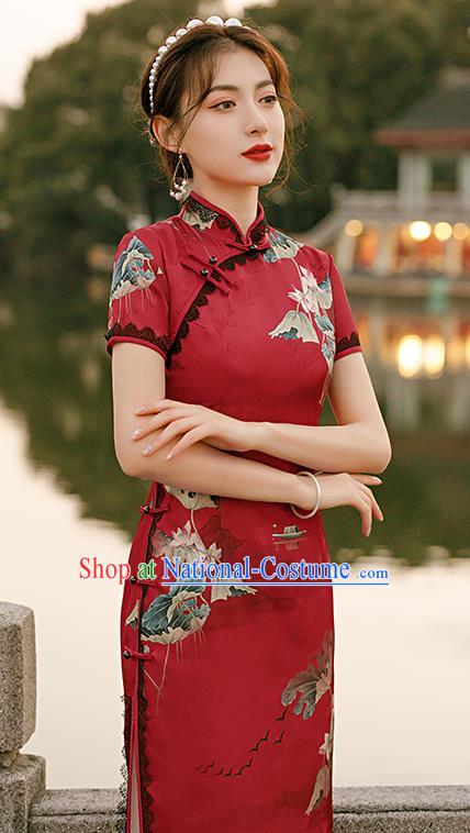 Republic of China National Short Sleeve Cheongsam Traditional Young Lady Printing Lotus Red Qipao Dress