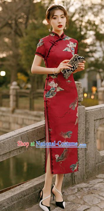 Republic of China National Short Sleeve Cheongsam Traditional Young Lady Printing Lotus Red Qipao Dress