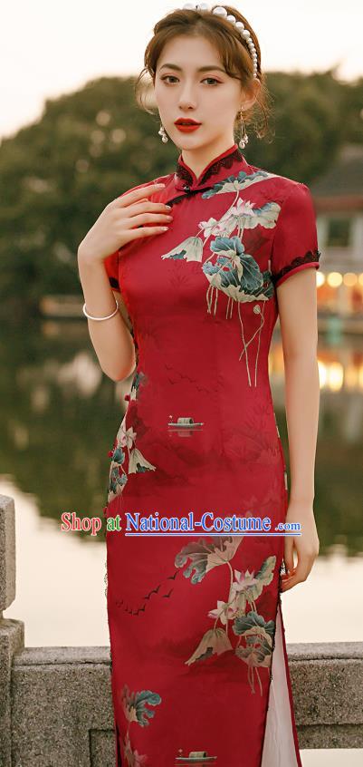 Republic of China National Short Sleeve Cheongsam Traditional Young Lady Printing Lotus Red Qipao Dress