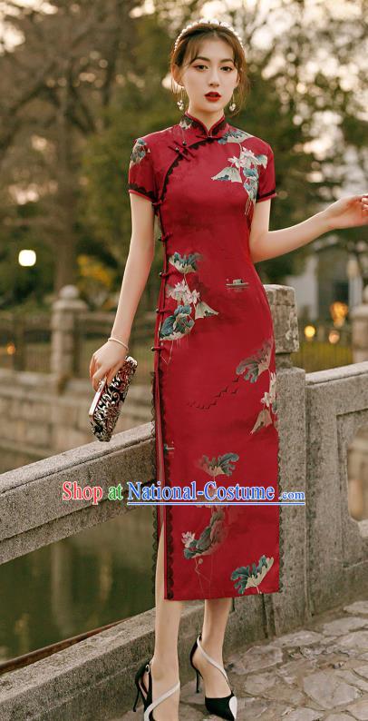 Republic of China National Short Sleeve Cheongsam Traditional Young Lady Printing Lotus Red Qipao Dress