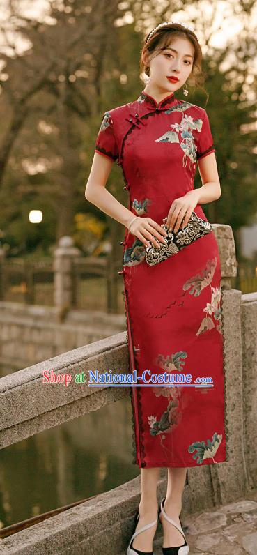 Republic of China National Short Sleeve Cheongsam Traditional Young Lady Printing Lotus Red Qipao Dress