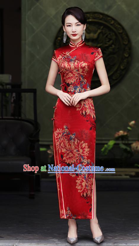 China National Bride Red Silk Cheongsam Traditional Wedding Printing Flowers Qipao Dress