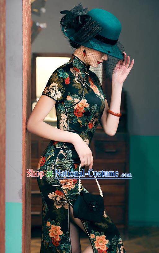 China National Young Lady Cheongsam Traditional Printing Peony Silk Qipao Dress