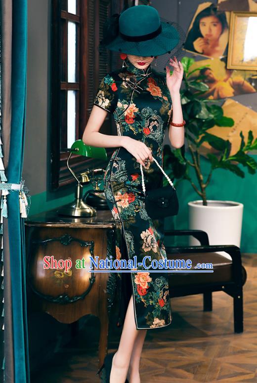 China National Young Lady Cheongsam Traditional Printing Peony Silk Qipao Dress