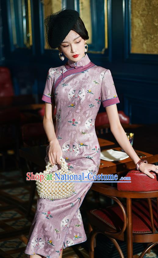 China Traditional Minguo Shanghai Young Lady Printing Crane Lilac Qipao Dress Classical Stand Collar Cheongsam