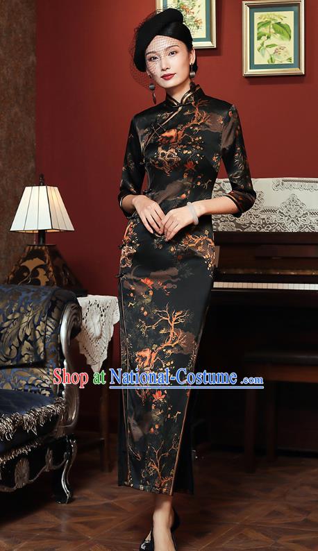 China Classical Shanghai Rich Concubine Cheongsam Traditional Minguo Young Woman Black Silk Qipao Dress