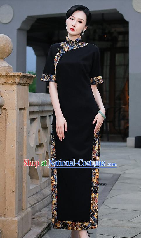 China Classical Shanghai Beauty Cheongsam Traditional Minguo Black Silk Slant Opening Qipao Dress