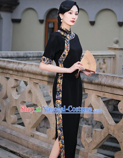 China Classical Shanghai Beauty Cheongsam Traditional Minguo Black Silk Slant Opening Qipao Dress