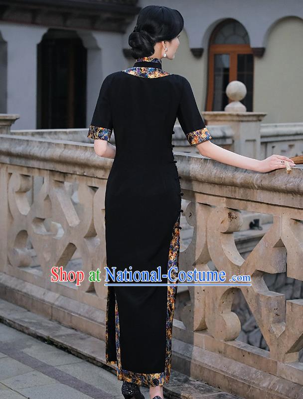 China Classical Shanghai Beauty Cheongsam Traditional Minguo Black Silk Slant Opening Qipao Dress