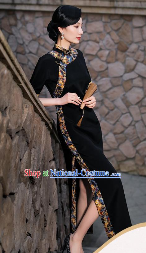 China Classical Shanghai Beauty Cheongsam Traditional Minguo Black Silk Slant Opening Qipao Dress