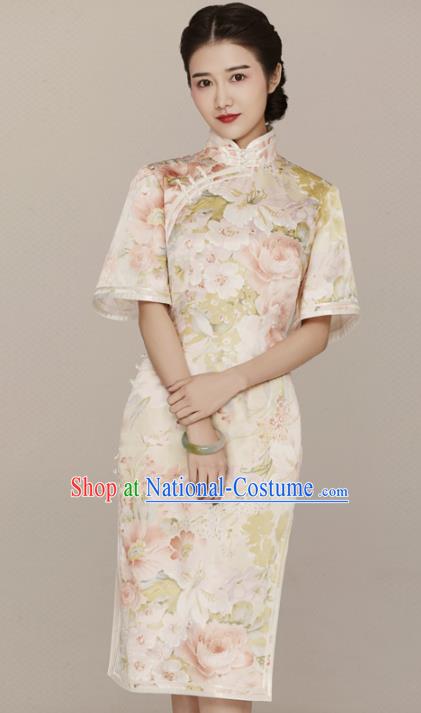 China Traditional Mandarin Sleeve Qipao Dress Classical Printing Flowers Silk Cheongsam