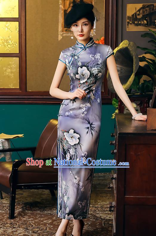 China Classical Printing Flowers Violet Cheongsam Traditional Minguo Shanghai Young Beauty Qipao Dress