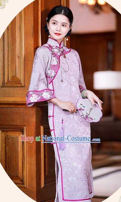 China Classical Embroidered Lilac Silk Cheongsam Traditional Minguo Mandarin Sleeve Qipao Dress