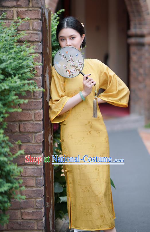 Republic of China Classical Young Lady Qipao Dress Traditional Minguo Mandarin Sleeve Yellow Silk Cheongsam