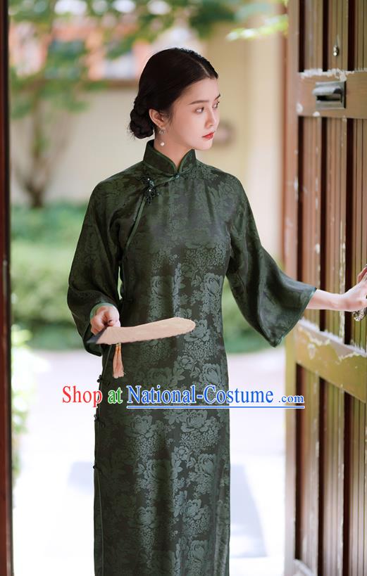 Republic of China Classical Atrovirens Silk Qipao Dress Traditional Minguo Young Lady Mandarin Sleeve Cheongsam