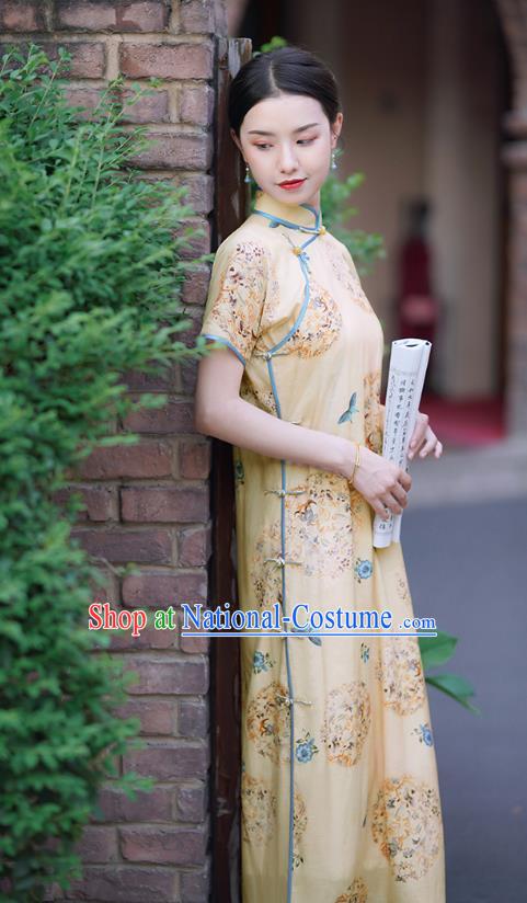 Republic of China Classical Printing Butterfly Qipao Dress Traditional Minguo Shanghai Woman Apricot Cheongsam