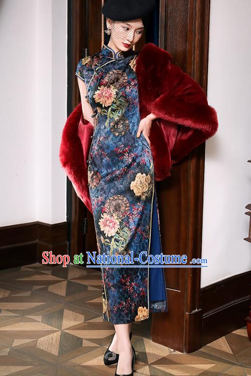 China Classical Printing Peony Navy Silk Cheongsam Traditional Minguo Shanghai Stand Collar Qipao Dress