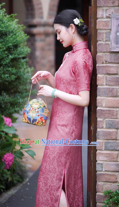 Republic of China Classical Squirrel Grape Pattern Red Silk Qipao Dress Traditional Minguo Shanghai Lady Cheongsam