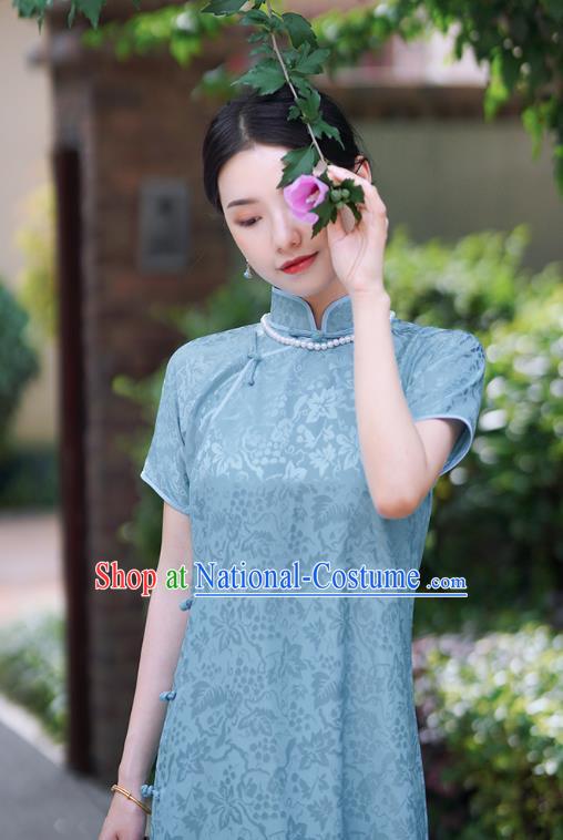 Republic of China Blue Silk Qipao Dress Traditional Minguo Shanghai Lady Classical Squirrel Grape Pattern Cheongsam