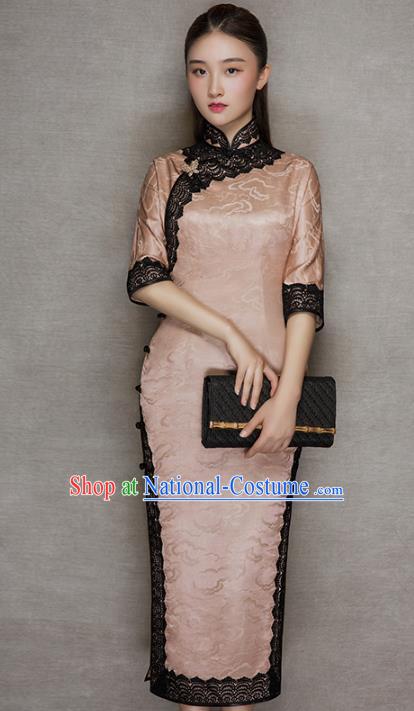 China Traditional Lace Stand Collar Qipao Dress Classical Cloud Pattern Pink Silk Cheongsam