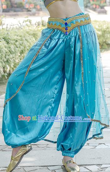 Indian Belly Dance Bollywood Princess Jasmine Blue Top and Pants Uniforms Folk Dance Performance Clothing