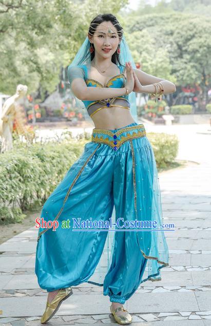 Indian Belly Dance Bollywood Princess Jasmine Blue Top and Pants Uniforms Folk Dance Performance Clothing