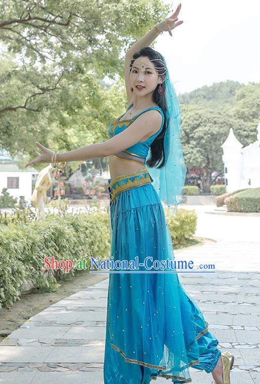 Indian Belly Dance Bollywood Princess Jasmine Blue Top and Pants Uniforms Folk Dance Performance Clothing