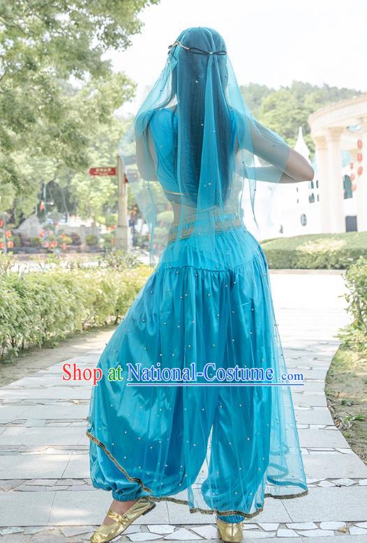 Indian Belly Dance Bollywood Princess Jasmine Blue Top and Pants Uniforms Folk Dance Performance Clothing