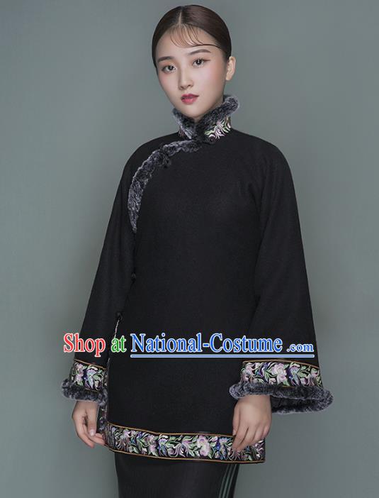 Chinese Tang Suit Outer Garment Woman Winter Clothing National Embroidered Black Woolen Jacket