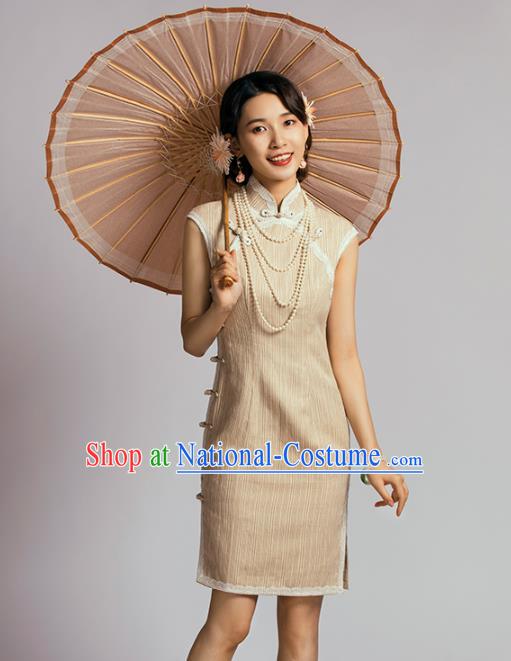 China Classical Dance Cheongsam Traditional Young Lady Apricot Short Qipao Dress