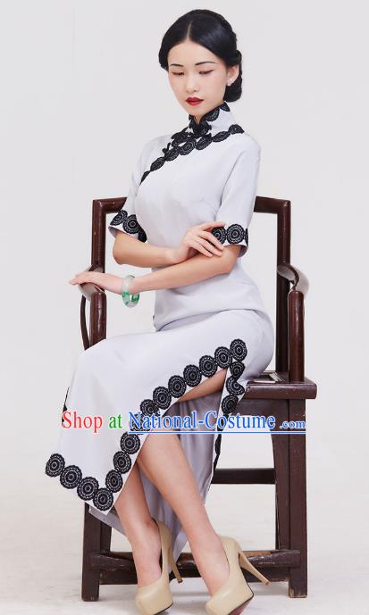 China Traditional Stage Show Qipao Dress Classical Copper Pattern Silk Cheongsam