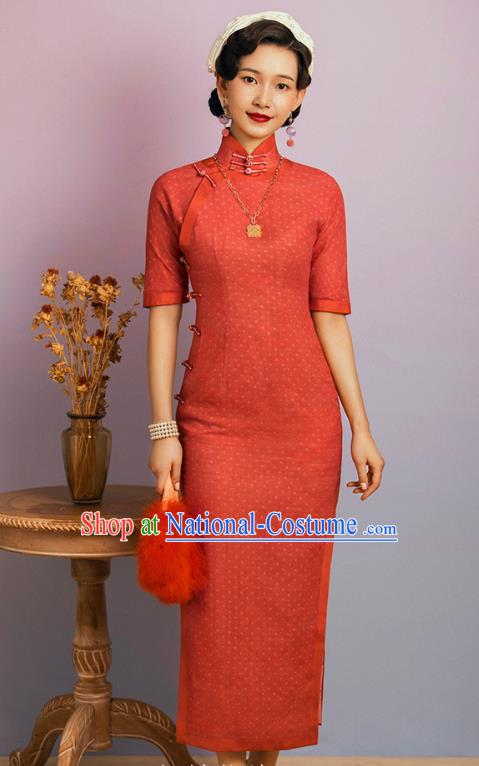 China Classical Stage Performance Cheongsam Traditional Shanghai Young Beauty Red Flax Qipao Dress