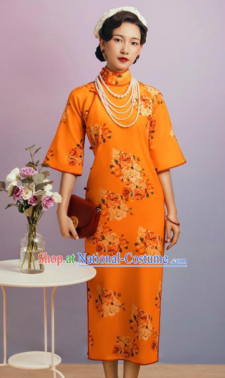 China Classical Wide Sleeve Cheongsam Traditional Minguo Shanghai Printing Flowers Orange Qipao Dress