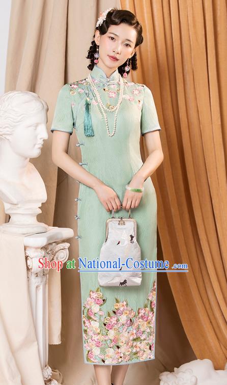 China Classical Shanghai Cheongsam Traditional Minguo Printing Flowers Light Green Qipao Dress