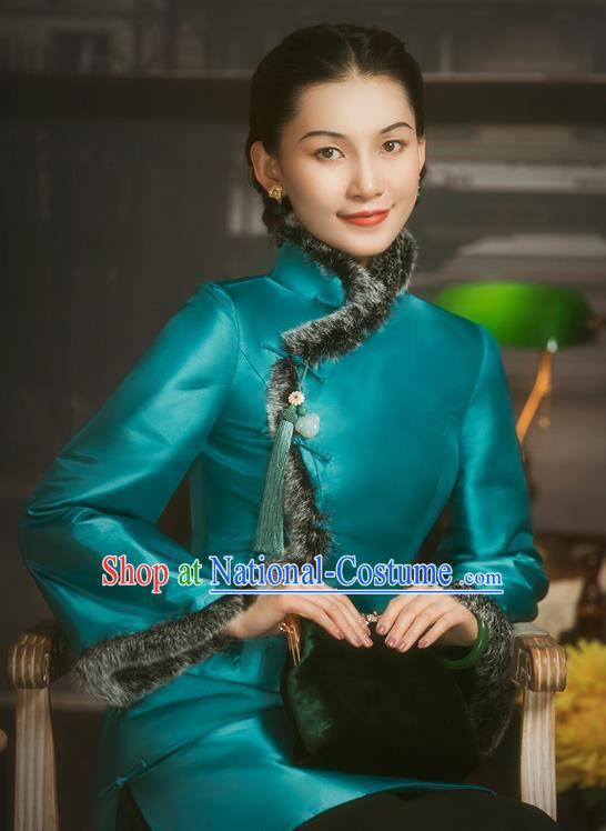 Chinese Tang Suit Outer Garment Clothing National Blue Silk Cotton Wadded Coat