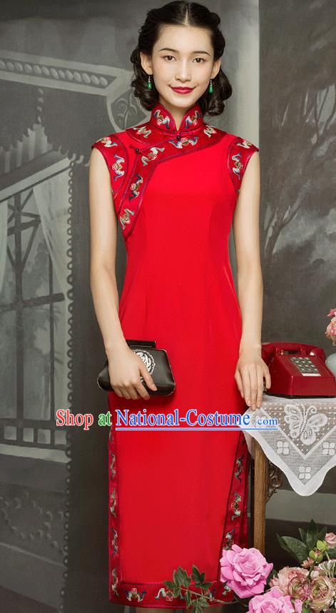 China Classical Sleeveless Cheongsam Traditional Minguo Embroidered Red Silk Qipao Dress