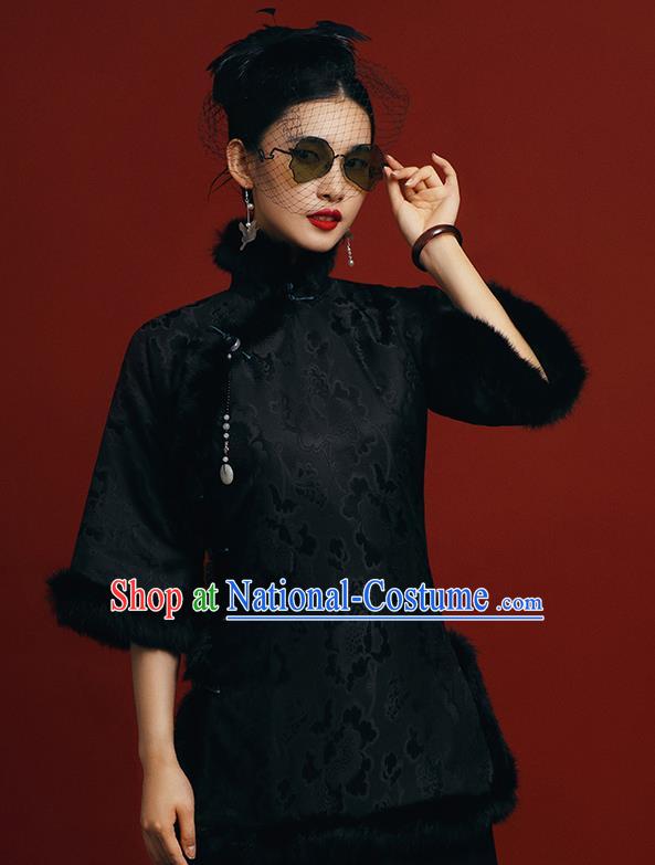 Chinese Tang Suit Overcoat Outer Garment Clothing National Winter Black Silk Cotton Wadded Jacket