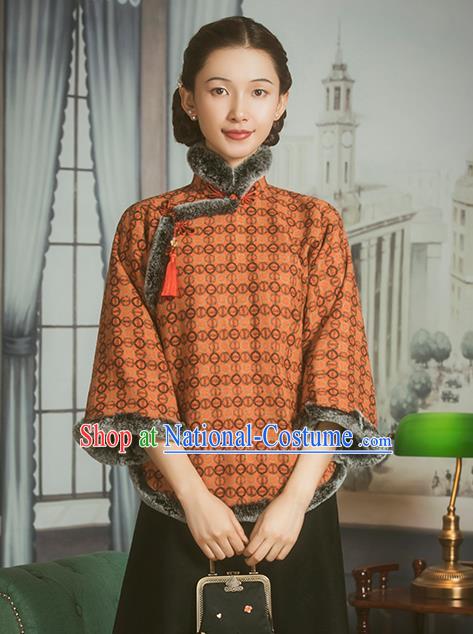 Chinese National Winter Orange Cotton Wadded Jacket Tang Suit Overcoat Outer Garment Clothing