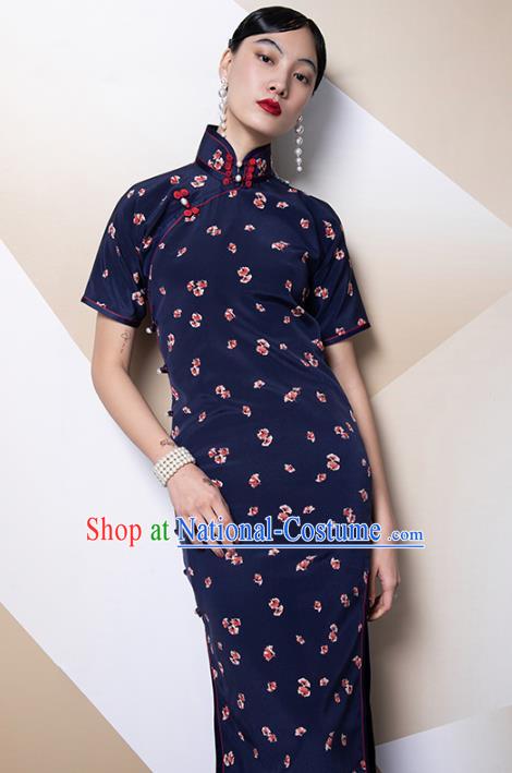 China Classical Navy Silk Cheongsam Traditional Minguo Shanghai Stand Collar Qipao Dress