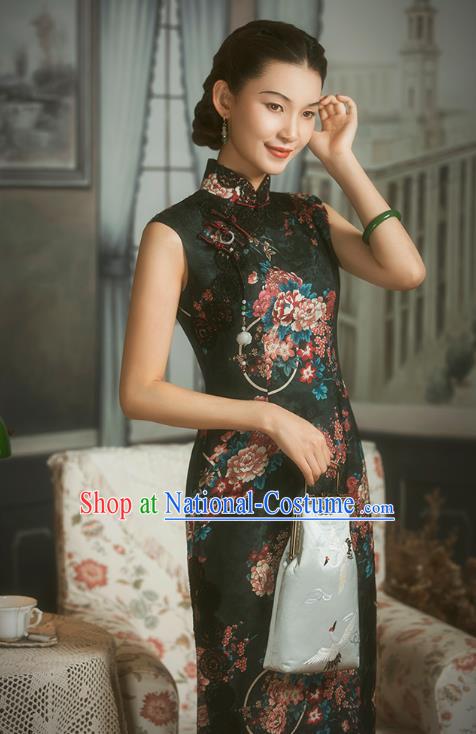 China Classical Printing Black Silk Cheongsam Traditional Minguo Shanghai Woman Qipao Dress