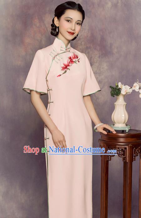 China Classical Shanghai Woman Cheongsam Traditional Minguo Embroidered Mangnolia Pink Silk Qipao Dress