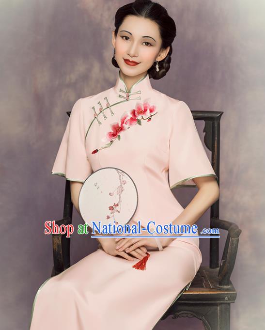 China Classical Shanghai Woman Cheongsam Traditional Minguo Embroidered Mangnolia Pink Silk Qipao Dress