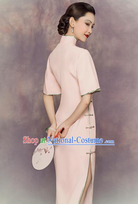 China Classical Shanghai Woman Cheongsam Traditional Minguo Embroidered Mangnolia Pink Silk Qipao Dress