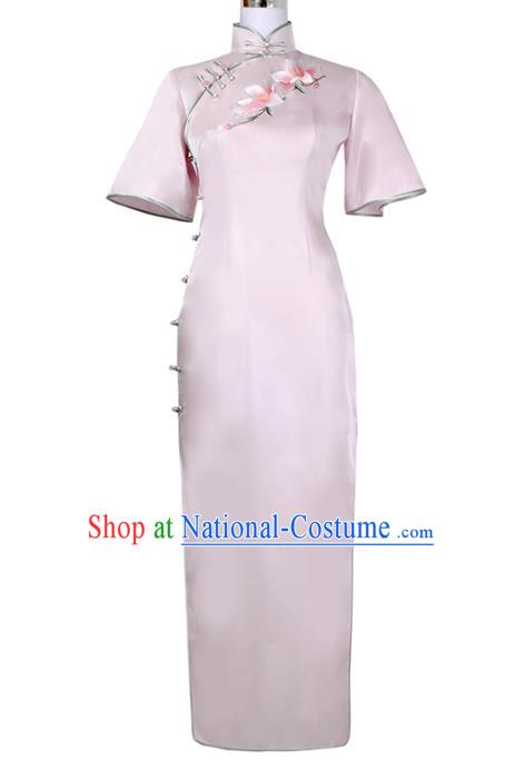 China Classical Shanghai Woman Cheongsam Traditional Minguo Embroidered Mangnolia Pink Silk Qipao Dress