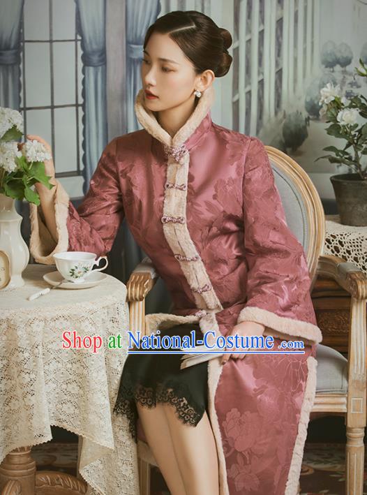 Chinese National Cotton Wadded Coat Tang Suit Pink Gambiered Guangdong Gauze Overcoat Clothing