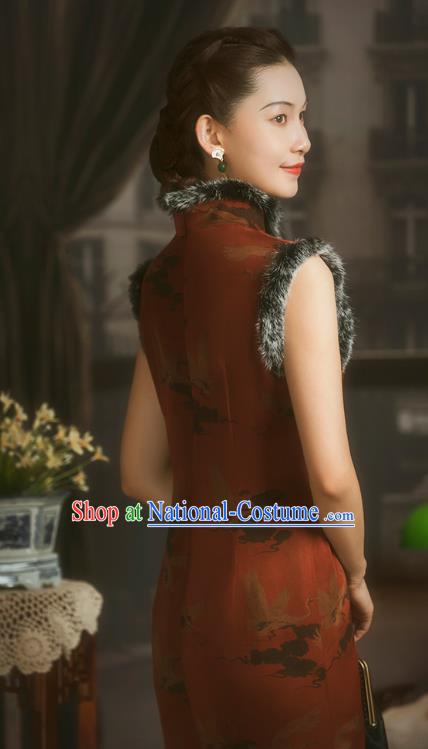 China Classical Crane Pattern Red Silk Cheongsam Traditional Minguo Cotton Wadded Sleeveless Qipao Dress