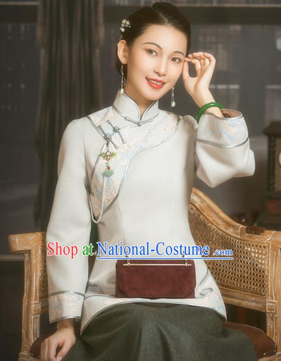 Chinese National Winter Upper Outer Garment Clothing Tang Suit White Woolen Jacket