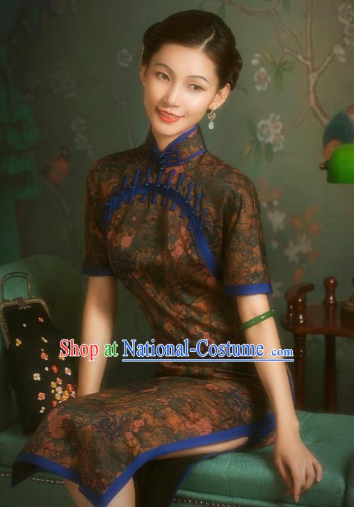 China Classical Front Opening Silk Cheongsam Traditional Minguo Shanghai Brown Gambiered Guangdong Gauze Qipao Dress