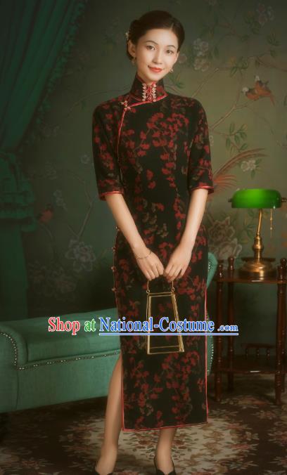 China Classical Black Gambiered Guangdong Gauze Cheongsam Traditional Minguo Old Shanghai Qipao Dress